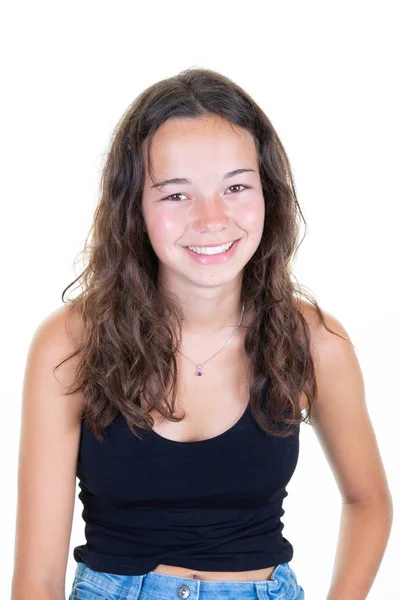 Beltéri Kép Fiatal Kinézetű Tizenéves Lány Elszigetelt Fehér Háttér Fekete — Stock Fotó