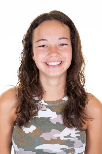 Retrato Jovem Bela Adolescente Caucasiana Exército Shirt Alegre Sorrindo Olhando — Fotografia de Stock