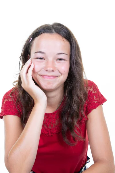 Estudiante Chica Rojo Camisa Mano Barbilla Sobre Fondo Blanco — Foto de Stock