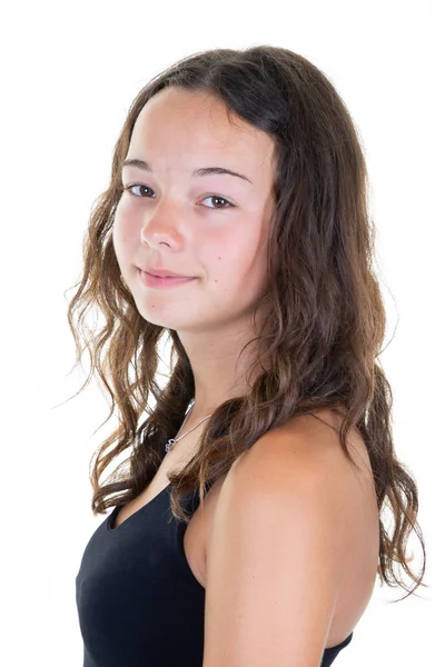 Bastante Sonriente Adolescente Chica Usando Negro Camiseta Posando Aislado Sobre — Foto de Stock