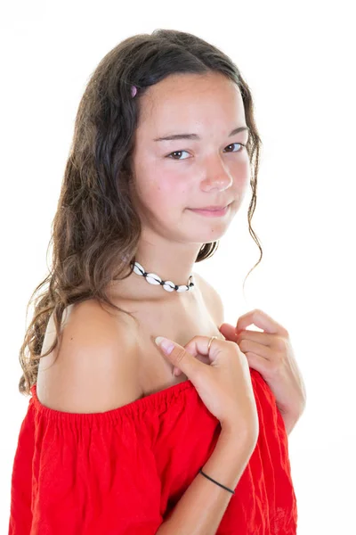 Retrato Una Joven Adolescente Moda Sonriente Con Top Rojo Verano — Foto de Stock