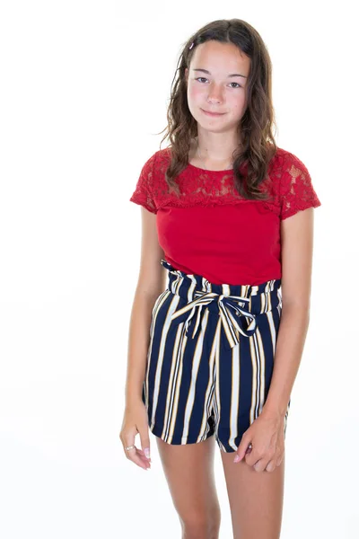 Jovem Adolescente Menina Slim Corpo Moda Estilo Verão Fundo Branco — Fotografia de Stock