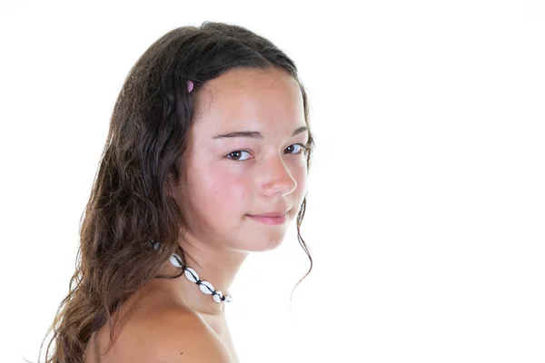 Chica Adolescente Sobre Fondo Blanco Aislado Posición Lateral Lado Blanco — Foto de Stock