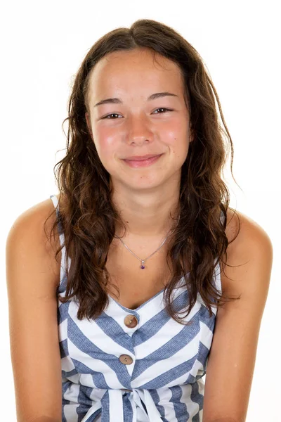 Menina Adolescente Alegre Feliz Com Rosto Bonito Cabelo Rindo Olhando — Fotografia de Stock