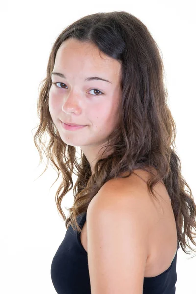Модна Поза Студії Дівчина Підліток Посміхається Дивиться Камеру — стокове фото