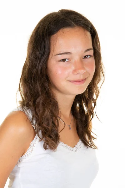 Közelről Lövés Mosolygott Nevetve Vonzó Fiatal Tizenéves Fehér Top Izolált — Stock Fotó