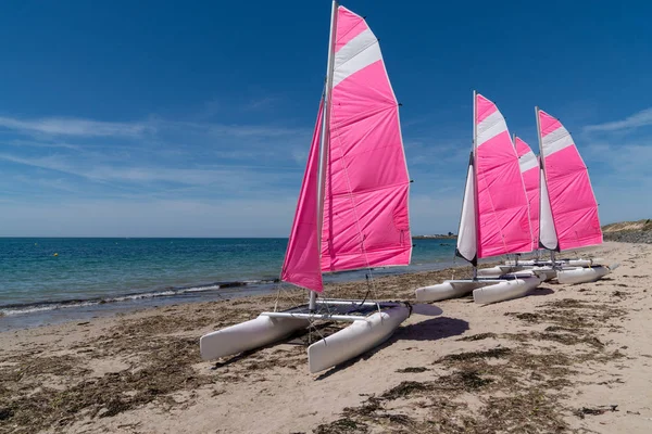 Rental pink sailboat boats at Noirmoutier beach in Vendee France