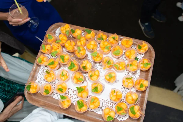 Waiter Holding Platter Appetizers Catering Fresh Ripe Portion Melon Wedding — Stock Photo, Image