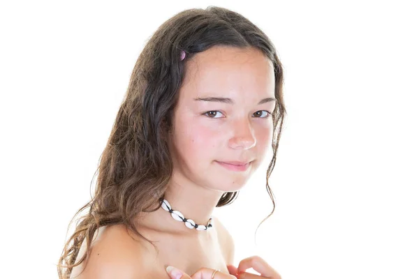 Porträt Eines Jungen Mädchens Brünette Auf Weißem Hintergrund — Stockfoto
