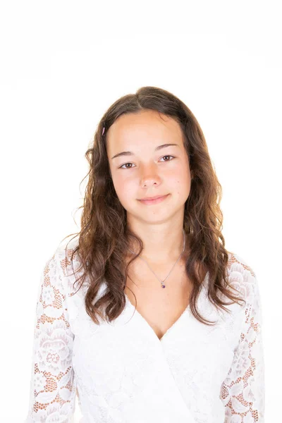 Porträt Von Niedlichen Teenager Junge Frau Auf Weißem Hintergrund — Stockfoto