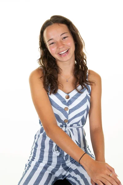 Retrato Bela Moda Listrada Muito Encaracolado Adolescente Menina Fundo Branco — Fotografia de Stock