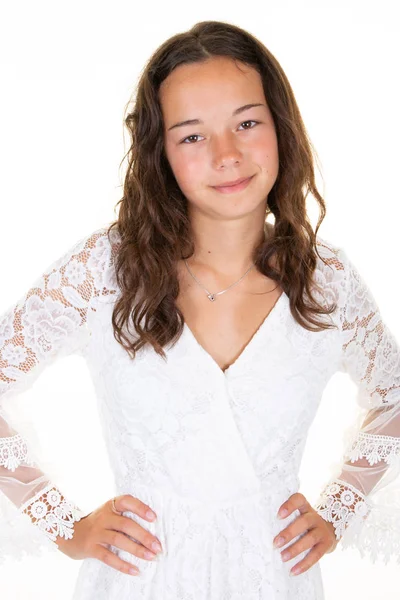 Lindo Natural Bastante Adolescente Chica Morena Modelo Ropa Blanca — Foto de Stock