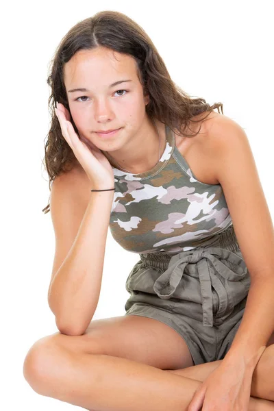 Alegre Lindo Adolescente Chica Sentarse Piso Aislado Blanco Fondo — Foto de Stock