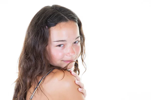 Adolescente Pose Menina Isolado Fundo Branco Lado Espaço Branco Cópia — Fotografia de Stock