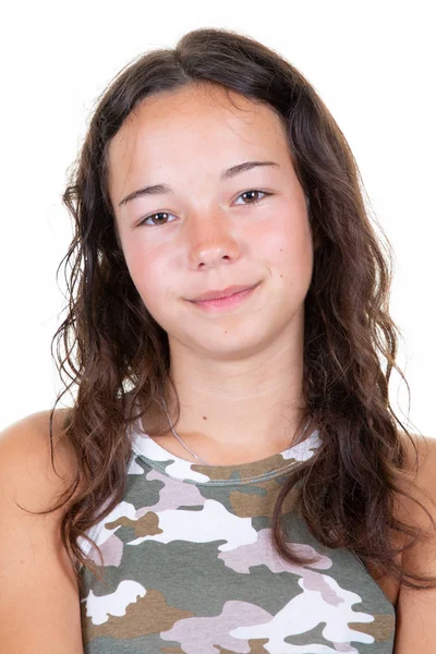 Pasaporte Retrato Joven Chica Adolescente Blanco Fondo — Foto de Stock