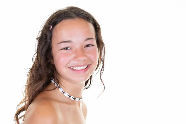 Feliz Joven Alegre Con Hermosos Dientes Cara Sonrisa Pelo Rizado — Foto de Stock