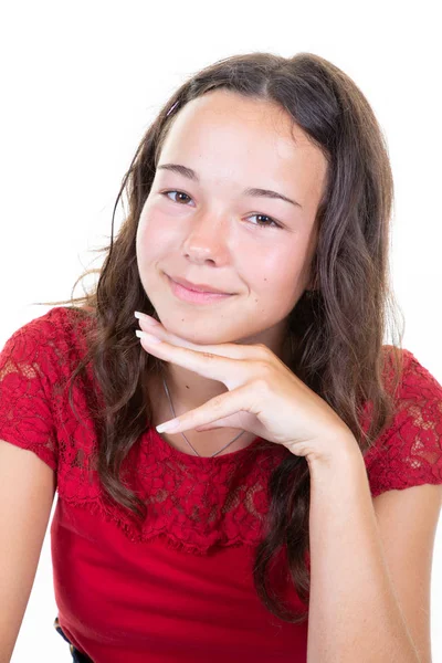 Boldog Vidám Tinédzser Lány Mosolygó Pózol Nézett Kamera — Stock Fotó