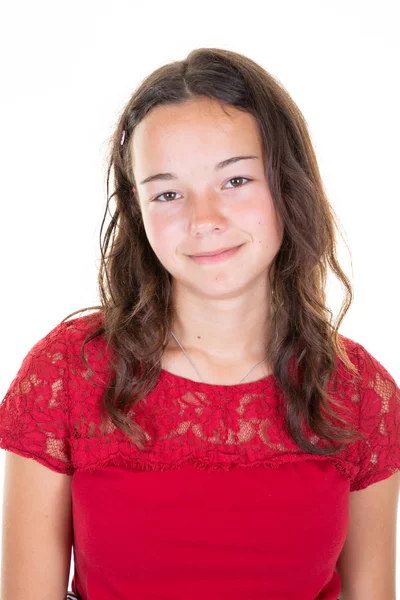 Portrét Nádherné Usmívající Dospívající Dívky Bílém Izolovaném Pozadí — Stock fotografie