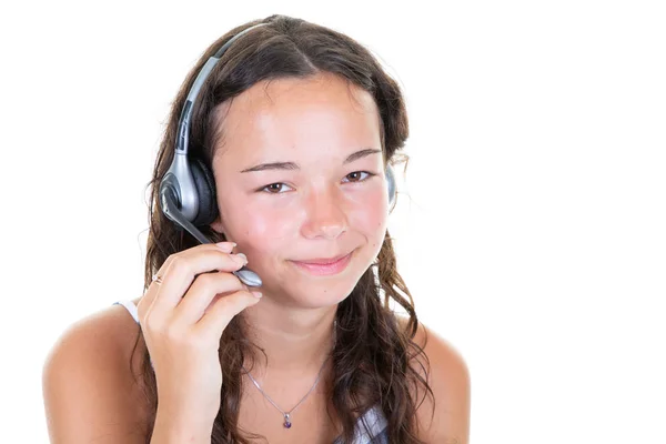 支持电话接线员年轻漂亮的女人在耳机呼叫中心在白色背景 — 图库照片