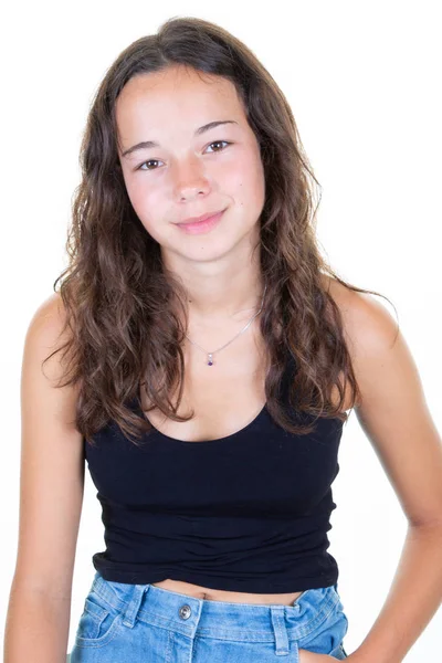 Retrato Jovem Bela Menina Caucasiana Adolescente Preto Shirt Alegre Sorriso — Fotografia de Stock