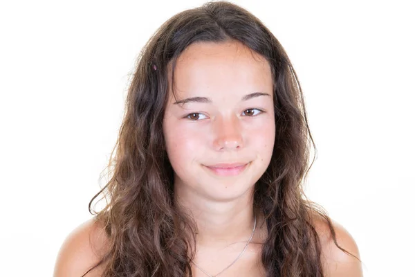 Hermoso Retrato Niña Mirando Lado Sobre Fondo Blanco — Foto de Stock