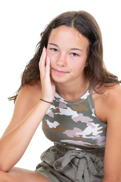 Portret Van Mode Jonge Schoonheid Vrouw Glimlachend Denken Witte Achtergrond — Stockfoto