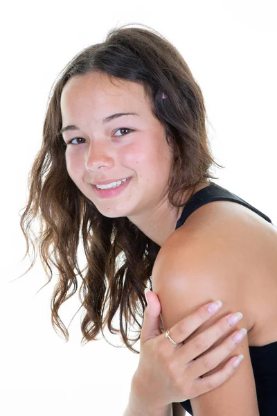 Hermosa Joven Mujer Sonriendo Posando Fondo Blanco —  Fotos de Stock