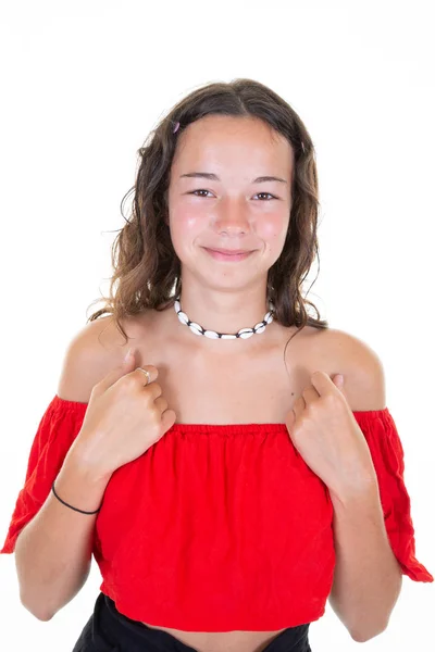 Retrato Mujer Joven Sobre Pared Blanca Chica Adolescente Bastante Orgullosa — Foto de Stock