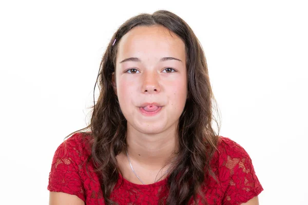 Söt Flicka Gör Ett Roligt Ansikte Med Tungan Sticker — Stockfoto