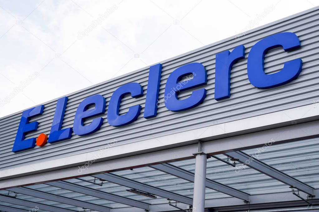 Bordeaux , Aquitaine / France - 09 27 2019 : Sign on E.Leclerc hypermarket leclerc store outdoor
