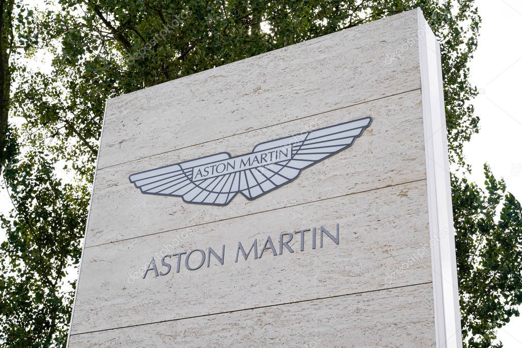 Bordeaux , Aquitaine / France - 09 24 2019 : Sign Aston Martin company signboard shop Commercial hanging logo