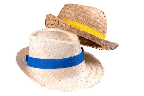 Two Straw Hat Vintage Summer Ribbon Band Isolated White Background — Stok fotoğraf