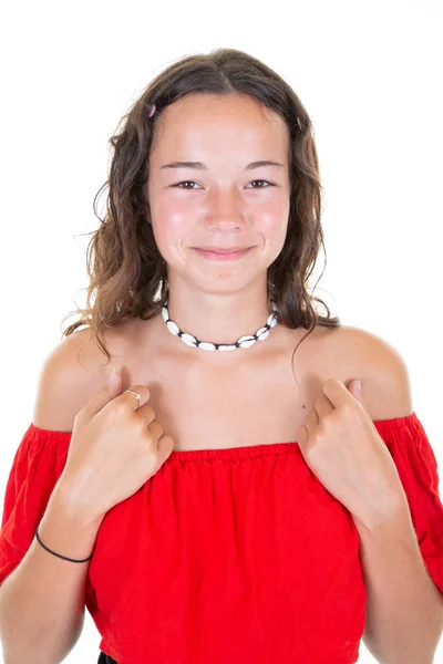 Jonge Vrolijke Gelukkig Schattig Meisje Glimlachende Lachen Uitziende Camera Witte — Stockfoto