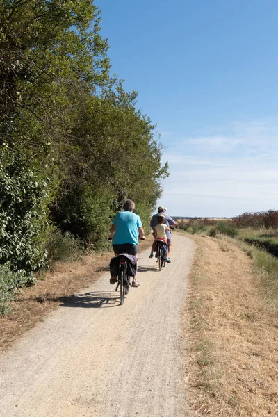 grandparent on vacation with small children on bike during vacation summer in pathway Noirmoutier Island Vendee France