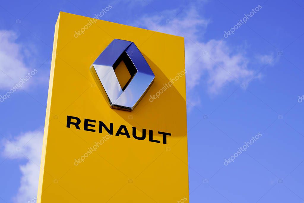 Bordeaux , Aquitaine / France - 10 02 2019 : Renault car logo dealership sign shop dealer building store against blue sky