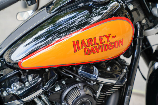 Bordeaux , Aquitaine / France - 10 10 2019 : Harley-Davidson logo sign orange black detail on motorcycle