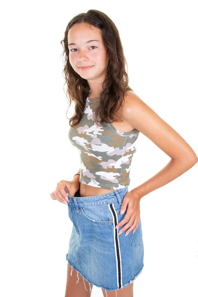Beautiful Young Girl Slim Beautiful Teenager Skirt Too Big Large — Stock Photo, Image