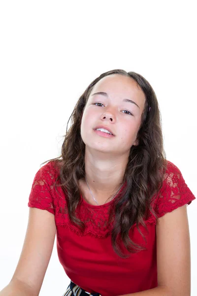 Krásná Dospívající Dívka Červené Košili Bruneta Životní Styl — Stock fotografie