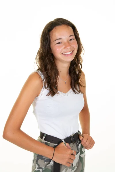 Encantador Menina Encantadora Amigável Com Sorriso Câmera Isolada Sobre Fundo — Fotografia de Stock