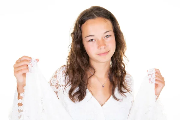 Menina Adolescente Bonita Com Vestido Voador Mão Bonito Beleza Rosto — Fotografia de Stock