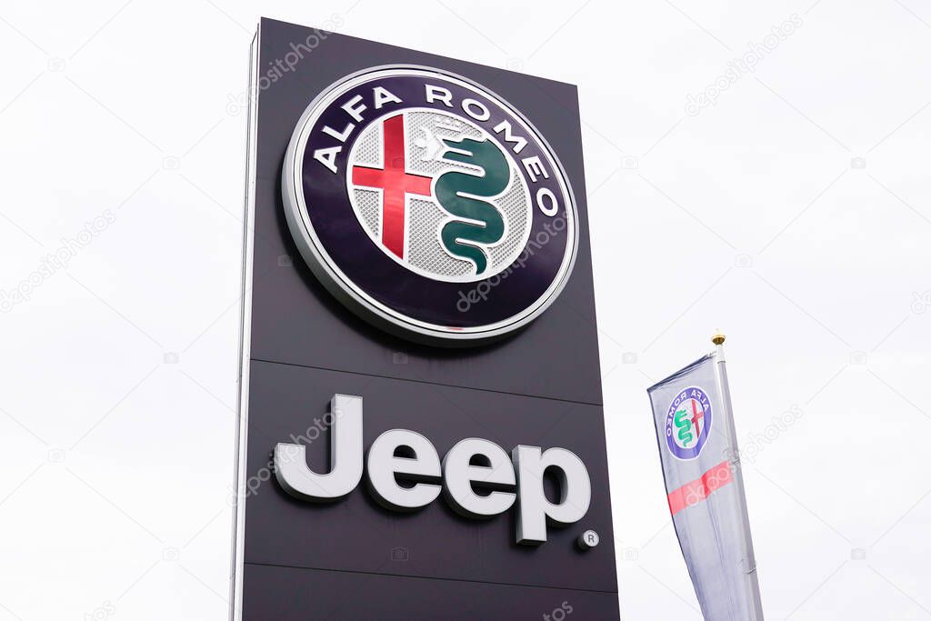 Bordeaux , Aquitaine / France - 10 28 2019 : Alfa Romeo Jeep car logo sign shop store Italian american brand automobiles