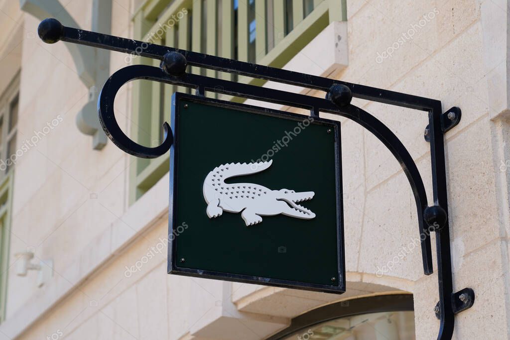 Bordeaux , Aquitaine / France - 05 05 2020 : Lacoste sign logo of store French fashion company for sportswear shop
