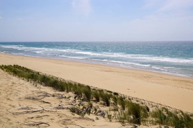 Fransa 'dan deniz kumlu ufuk manzaralı Le Porge sahilindeki Batı Fransız Atlantik Kıyısı