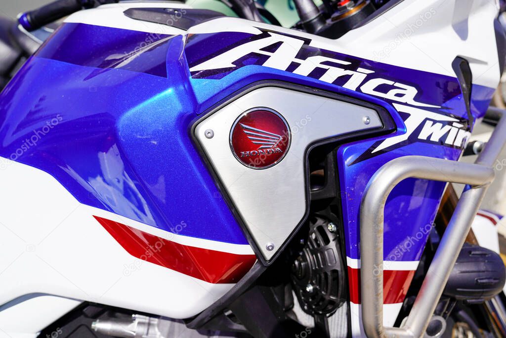 Bordeaux , Aquitaine / France - 07 25 2020 : Honda Africa Twin motorbike logo sign on motorcycle tank modern new bike trail