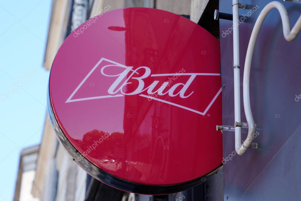 Bordeaux , Aquitaine / France - 07 25 2020 : bud logo and red sign on bar pub wall building of American Budweiser beer