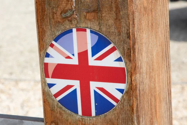 Etiqueta Redonda Britânica Bandeira Inglesa Reino Unido Inglaterra Pólo Madeira — Fotografia de Stock