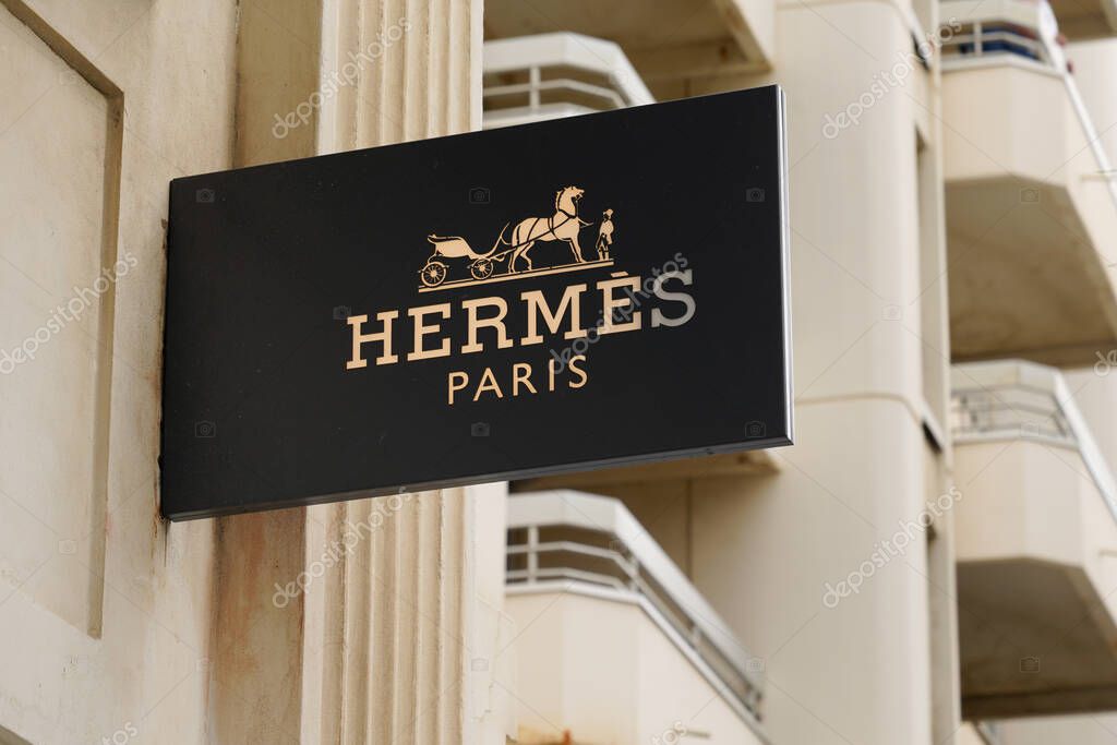 Biarritz , Aquitaine / France - 07 30 2020 : Hermes text and sign logo of International French store of fashion manufacturer luxury shop