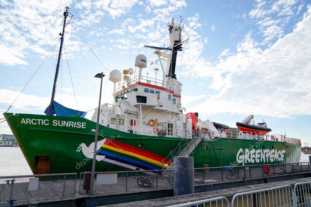 Bordeaux , Aquitaine / France - 08 25 2020 : Greenpeace logo sign on boat vessel the Arctic Sunrise ship in Bordeaux harbour France