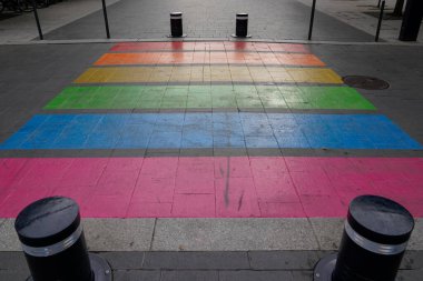 Bordeaux Fransa 'da lezbiyen gey bayrağının LGBT renkli gökkuşağı tabanıyla caddeleri geçen yaya renkleri