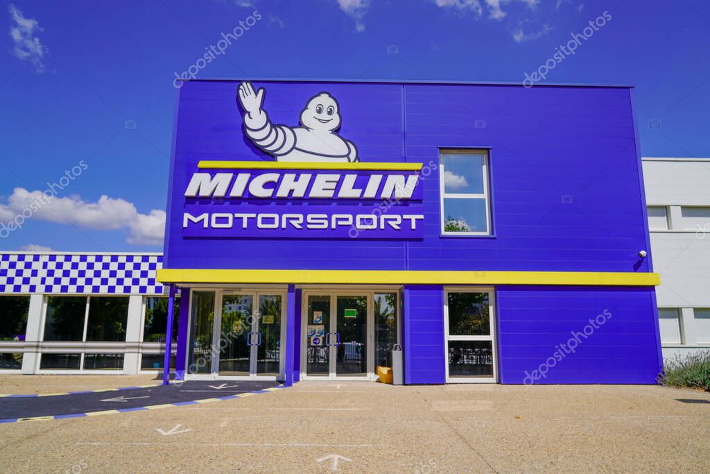 Clermont Ferrand , auvergne / France - 09 23 2019 : Michelin motorsport logo and text sign front of headquarter of tires manufacturer sport brand based in Clermont Ferrand France